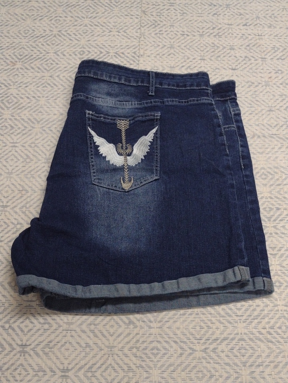Women's Dark Blue Denim Jean Shorts with Wing Embroidery